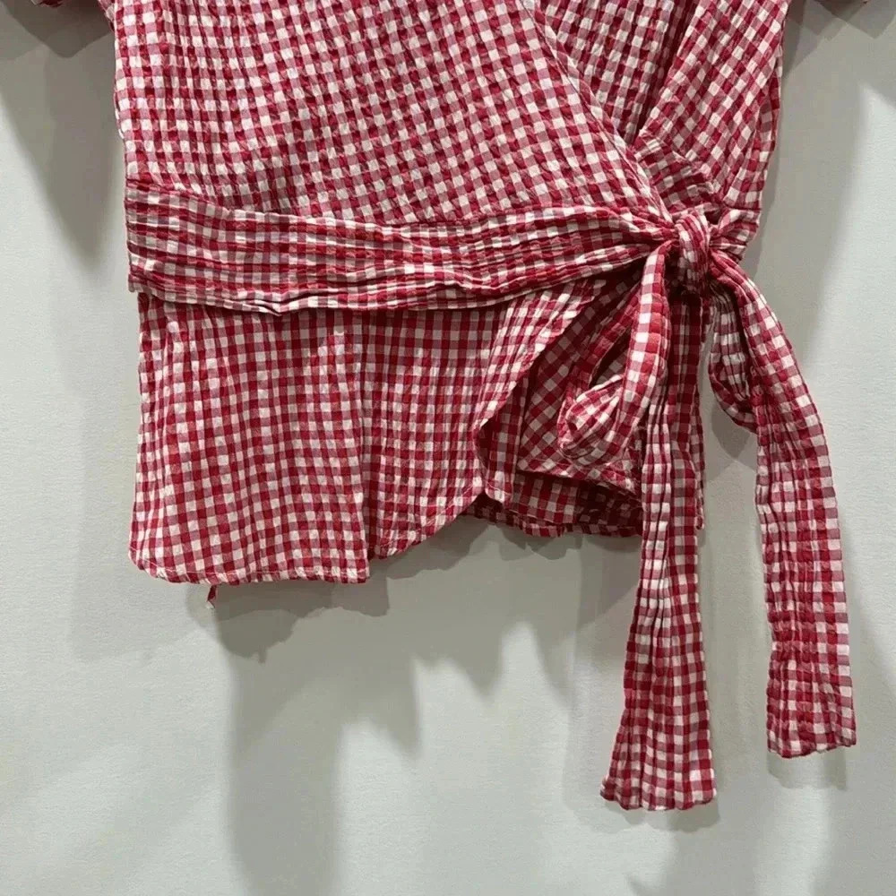 Max Studio Red and White Check Short Sleeve Wrap Shirt - Size L - Picture 3 of 9